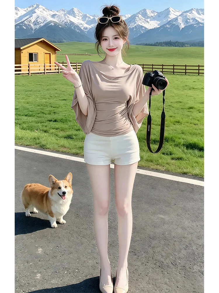 Summer 2026 Slim Fit Bell Sleeve T-Shirt Women's Fashionable Versatile Short Style Casual round Neck Pure Color Breathable
