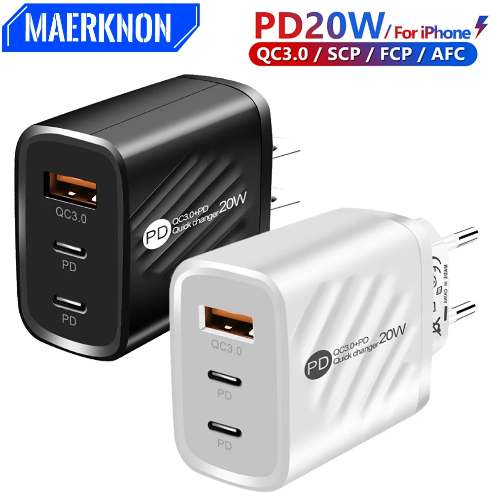 Dual PD Quick Charger Зарядное устройство USB 20 Вт Быстрая зарядка для Ipad iPhone 13 Pro Xiaomi 12 Huawei Адаптер настенного зарядного устройства QC3.0 Штепсельная вилка США/ЕС