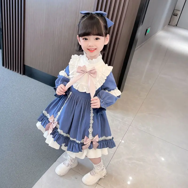 2024 Elegant Fashion Harajuku Slim Fit Children Clothes Loose Casual All Match Princess Dress Solid O Neck Long Sleeve Dresses