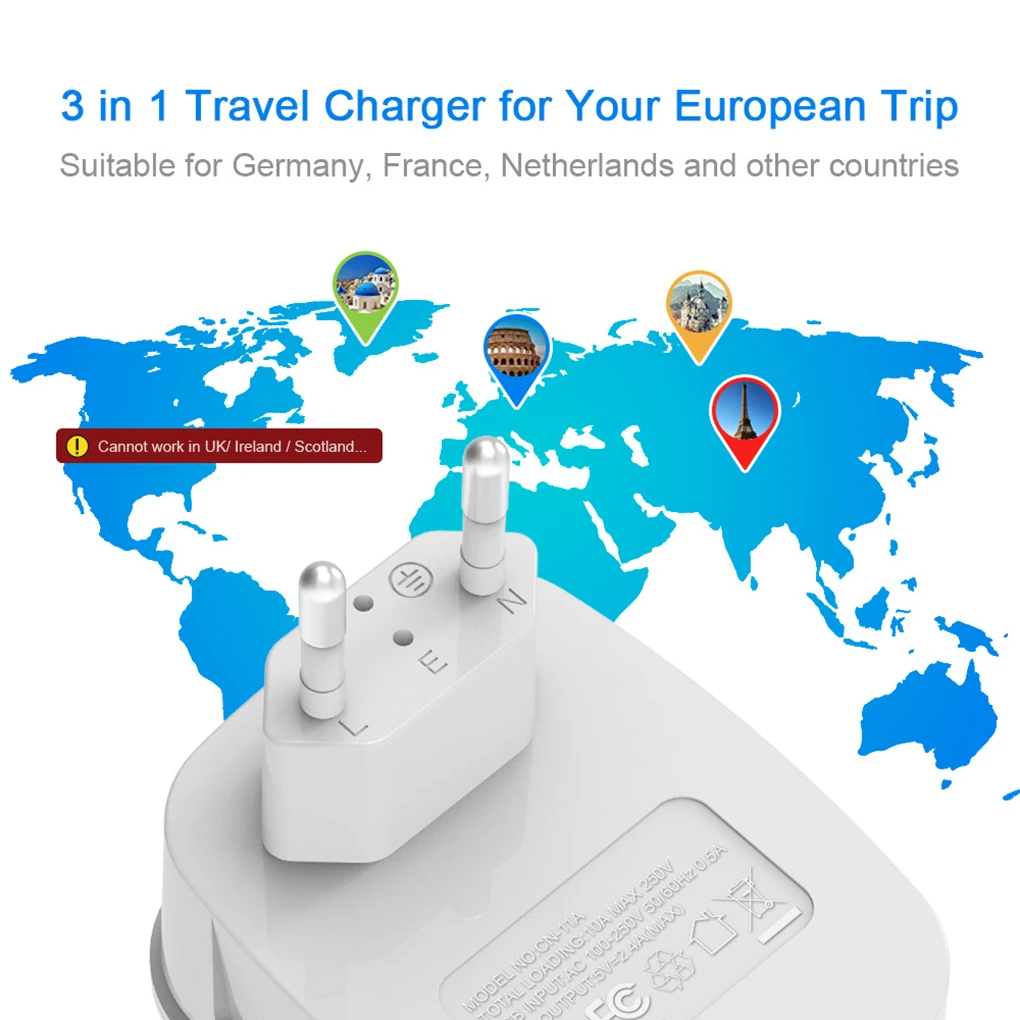 EU to US Power Adapter 3 Ports Portable Conversion Outlet Plug Charger Socket Trip Household Europe America Converter