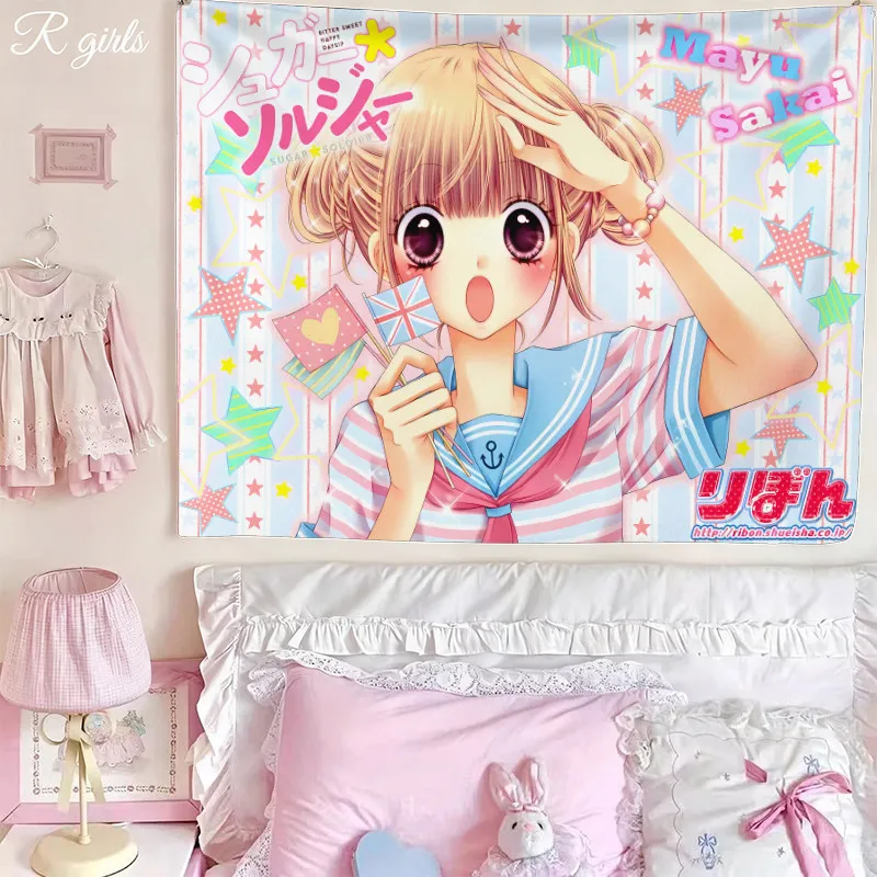 VIKAMA Kawaii Sugar Soldier Anime Girl Tapestry Striped Sailor Uniform Cartoon Wall Hanging Cute Bedroom Dorm Decor (V2)