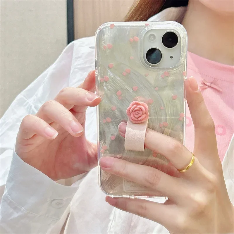 Funda de teléfono con diseño de muselina plateada con personalidad, soporte de anillo de flores, fundas de protección para iPhone 15, 14, 13, 12 Pro Max