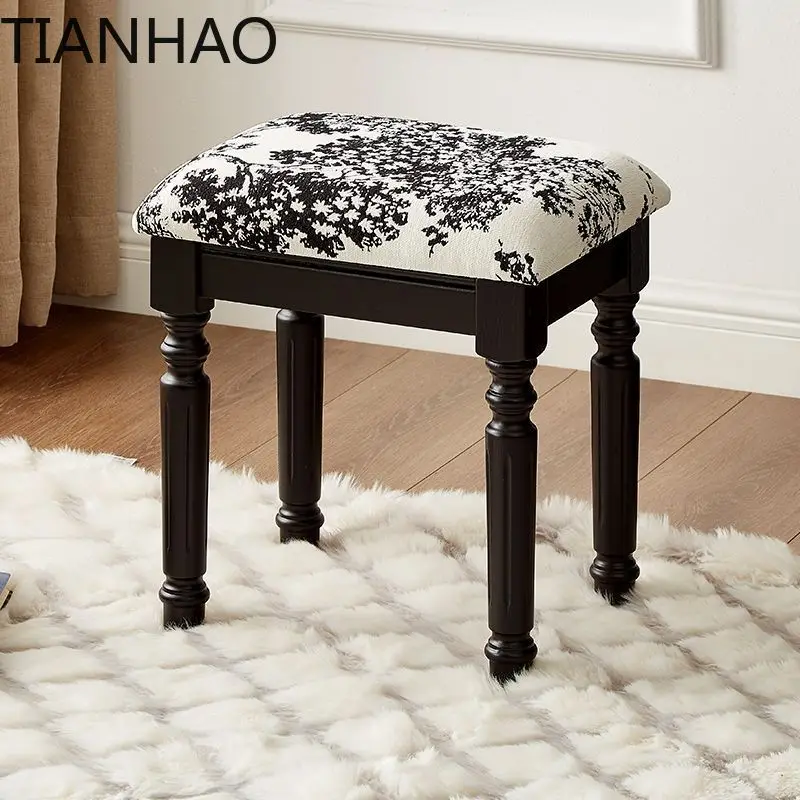 Black retro makeup stool Internet celebrity light luxury dressing stool bedroom solid wood leather French antique ash wood makeu
