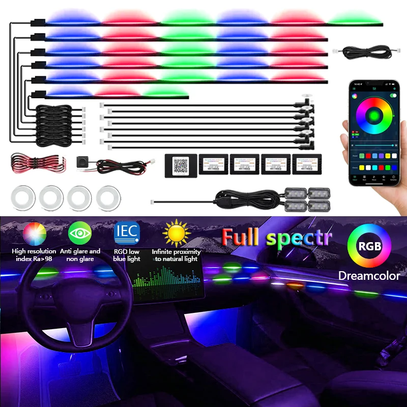 22 In 1 Car LED Interior Ambient Lights RGB 213 Colors Acrylic Strip Kit For BMW Audi Tesla Toyota Honda Benz Ford Golf etc.