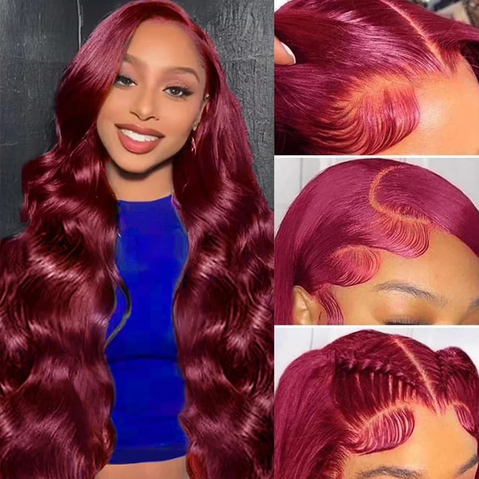99J بورجوندي 13x6 الدانتيل الجبهة الباروكات قبل قطعها 250% الكثافة الأحمر اللون الجسم موجة 13x4 HD شفاف أمامي خصلات الشعر المستعار الإنسان