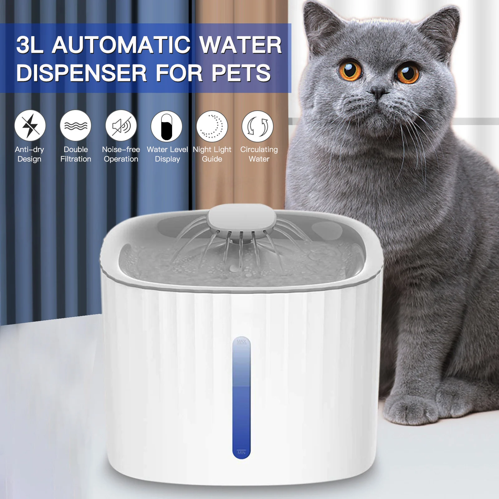 Automatic Water Dispenser for Pets 3L LED Water Level Display Noise-free Water Dispenser for Cats Dogs and Other Pets