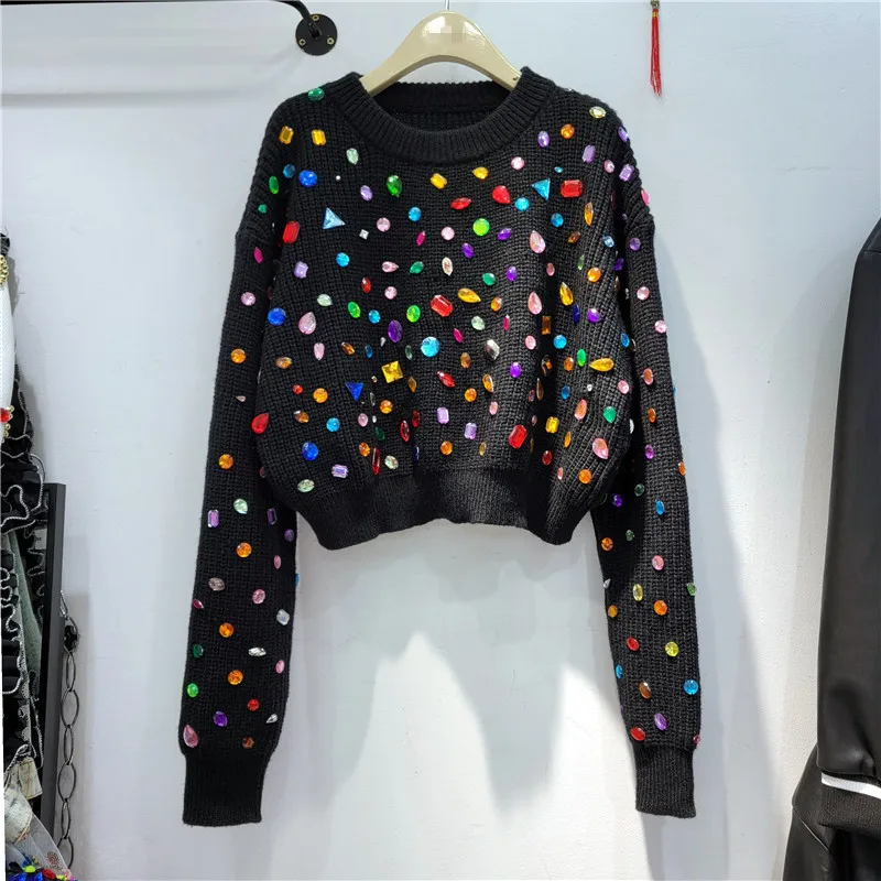 Harajuku Women Contrast Color Fall Winter Beaded Knitted Sweater Diamonds Pullovers Woolen Knitwear Jumpers High Waist Sueter