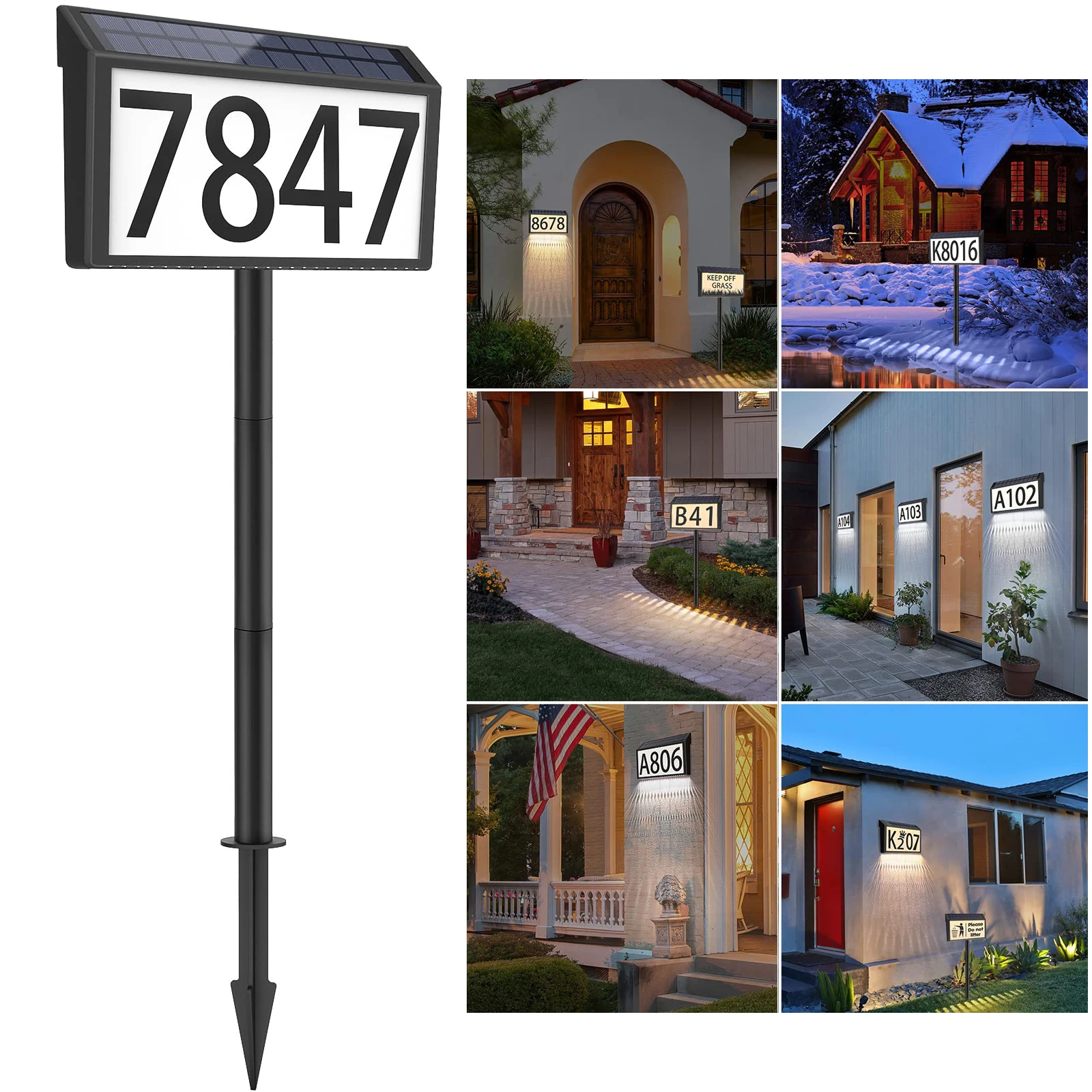 Solar Address Sign House Numbers for Outside Light Up 3 Colors Outdoor Waterproof Led Illuminated Address Plaque Lamp with Stake