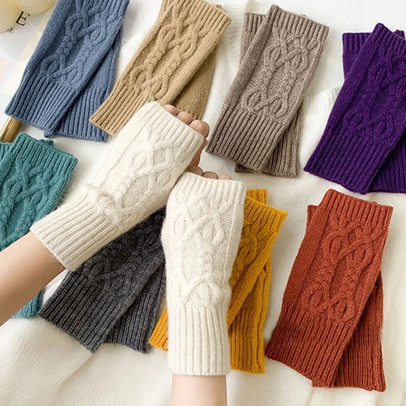 

Autumn Winter Knitted Short Gloves Women Warm Half-finger Wool Warmth Fingerless Arm Sleeve Fine Casual Soft Knitted Wristband