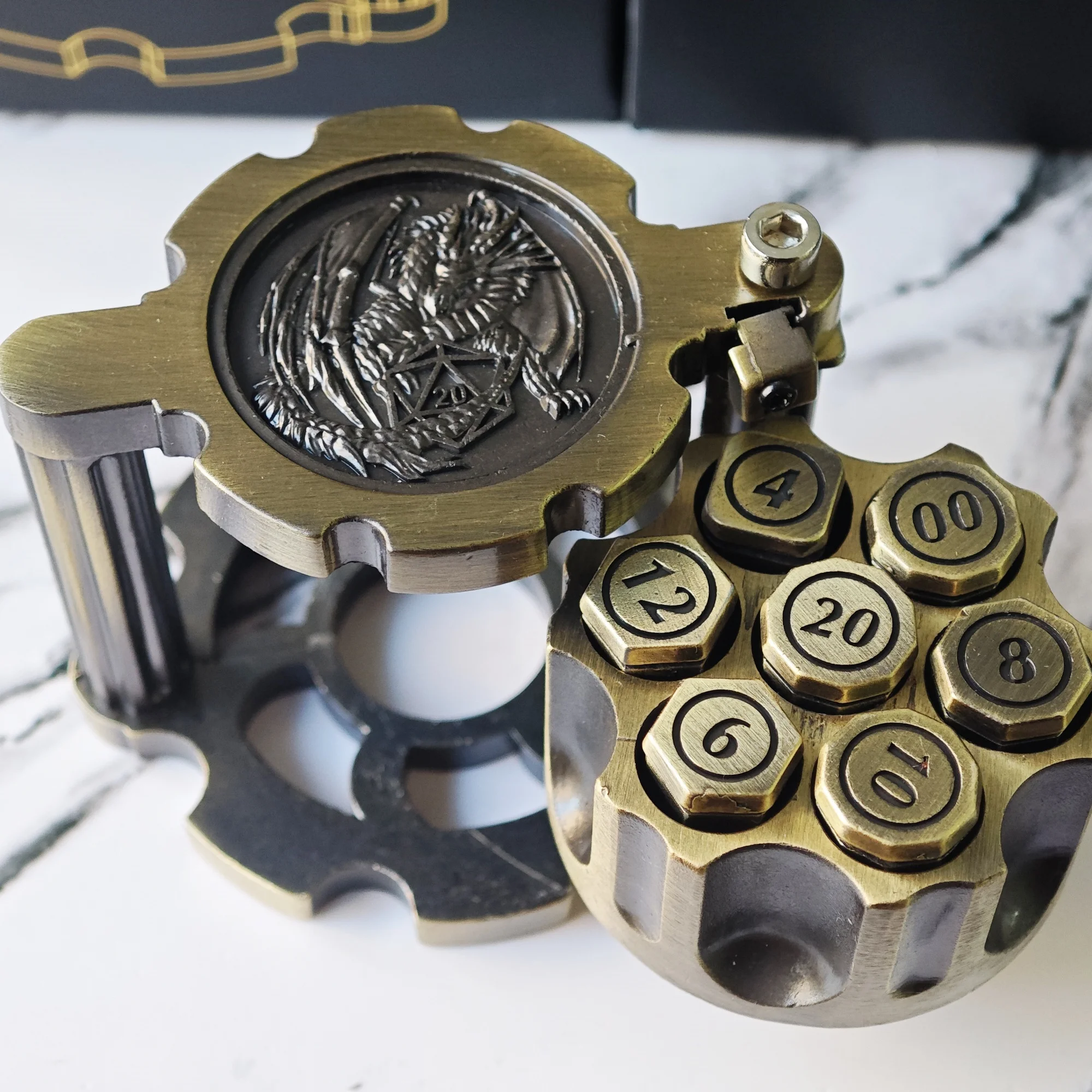 Metal Polyhedral Bullet Dice Set of 7 with Spinning Revolver Cylinder Container Cyberpunk Dice for D&D Sci-Fi War Crime Theme