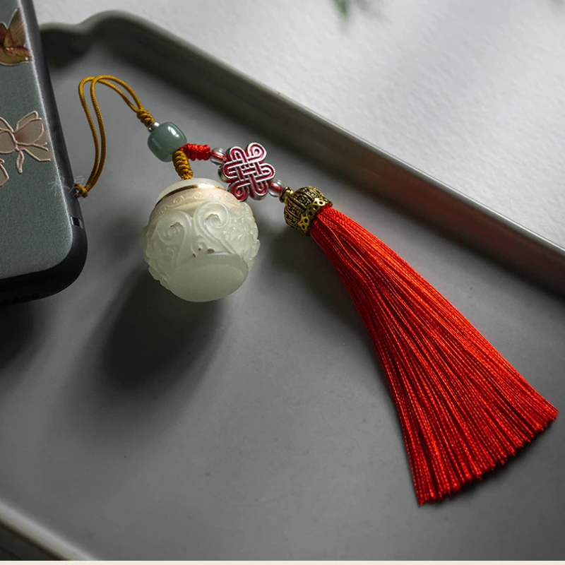 Natural Sandalwood Carved Retro Hollow Sachet Box Luminous Stone Keychain Crystal Jade Bead Tassel Chinese Knot Ethnic Gifts