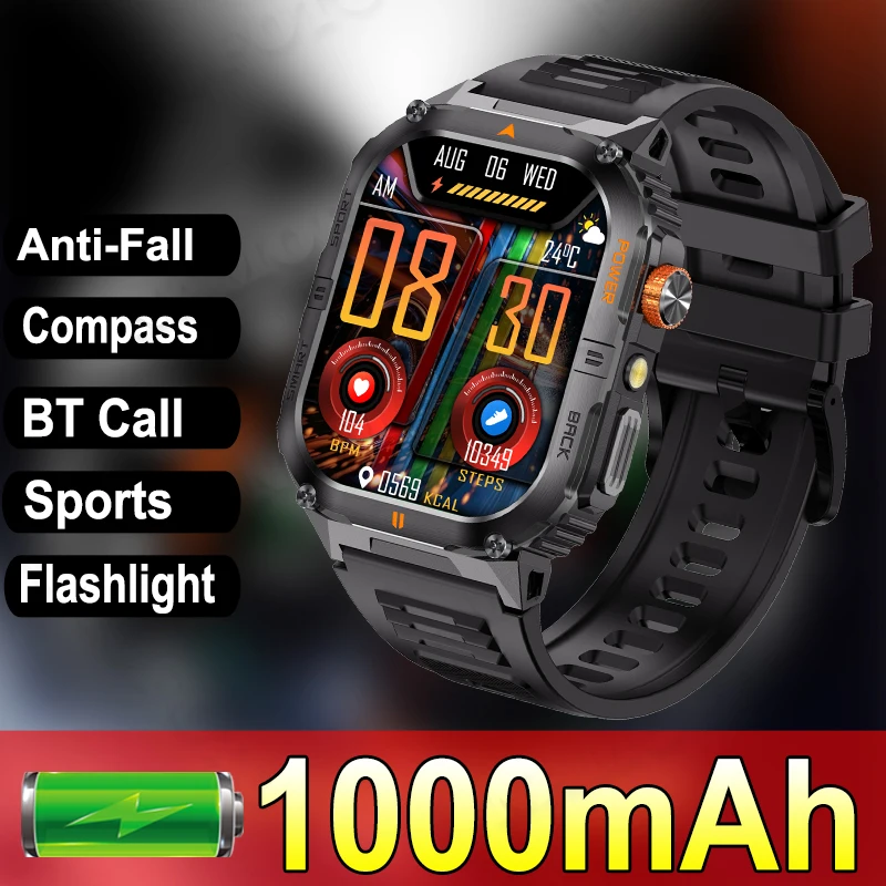 

1000mAh Smartwatch Men LED Flashlight Compass Dials Bluetooth Call Phone Music Multi-functions Heart Rate Monitor Smart Watch