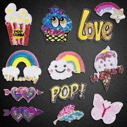 Cartoon Sequin Ice Cream Popcorn Iron Embroidered Applique Patch For DIY Iron On Badges Stickers On Backpack,clothes Decor