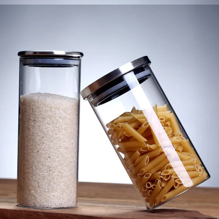 Two Stainless Steel Lid Glass Jars, High Borosilicate Transparent Storage Jars for Grains, Nuts, and Dried Fruits, Airtight Jars