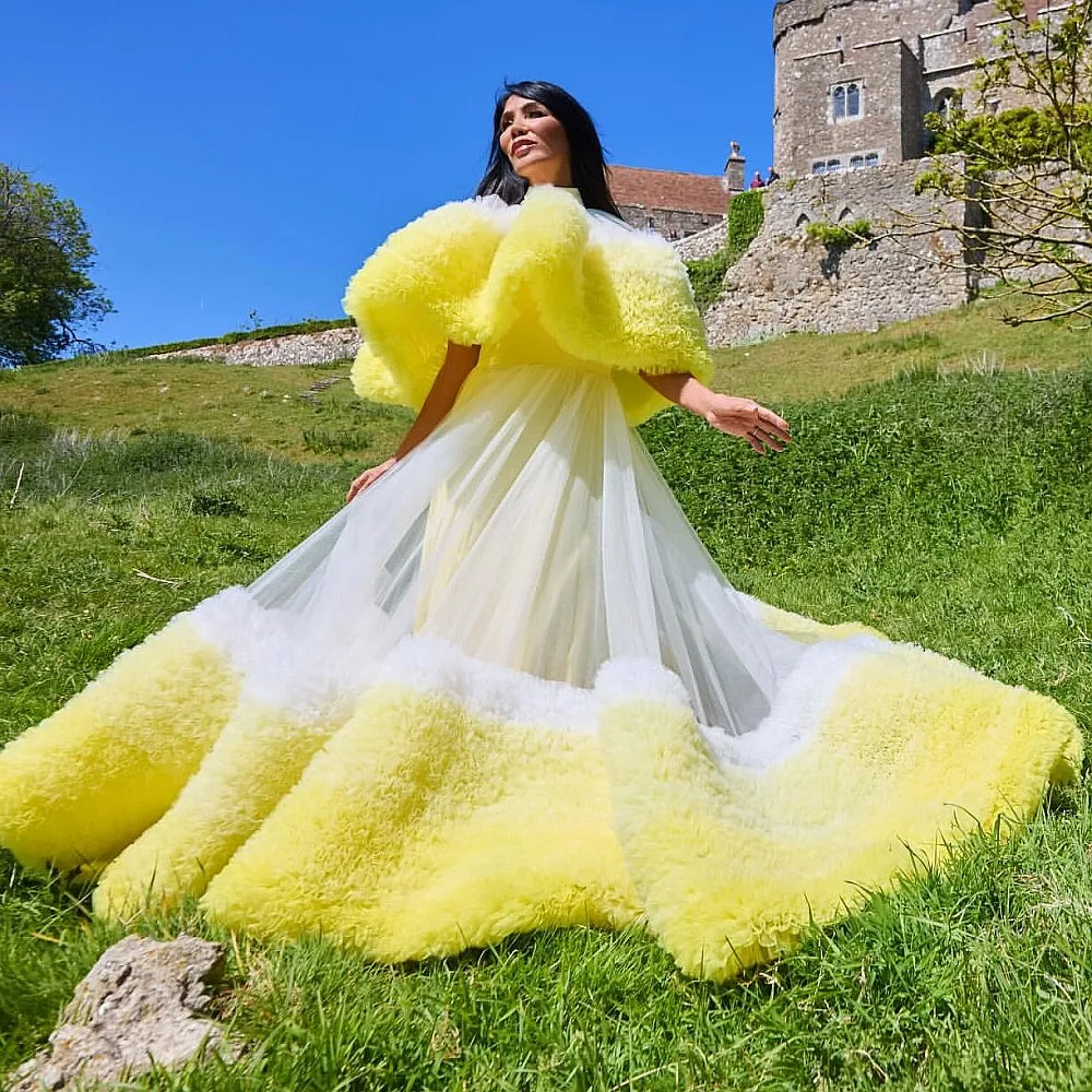 

Великолепное желтое тюлевое платье с оборками на плечах, многоуровневое длинное платье Quinceanera, бальное платье на день рождения по индивидуальному заказу