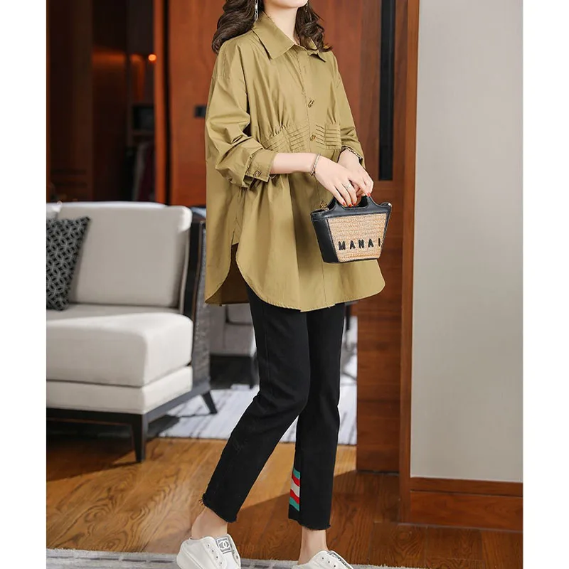 Korean Loose Female Solid Color Polo-Neck Shirt Spring Women\'s Clothing Casual Folds Spliced Vintage Button Long Sleeve Blouses