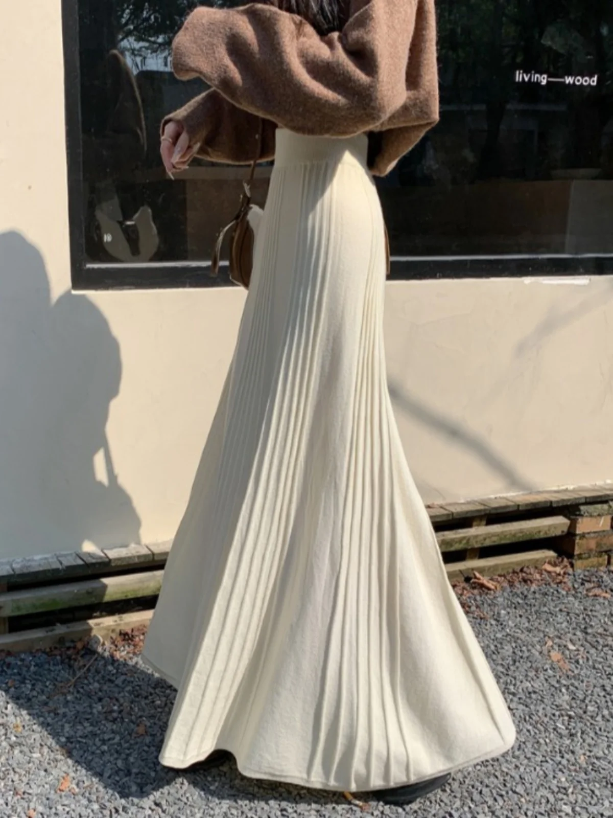 Ankle-Length Knitted Accordion Pleated Fish Tail Skirt Women's High Waist A-Line Midi Skirt Spring Autumn Seasonal Fashion