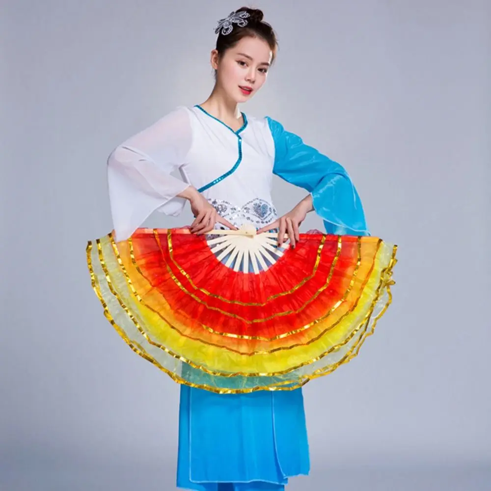Kid Women Dancer Practice Gradient Color Belly Dancing Fan Long Silk Fans Silk Fans Rayon Silk Fans
