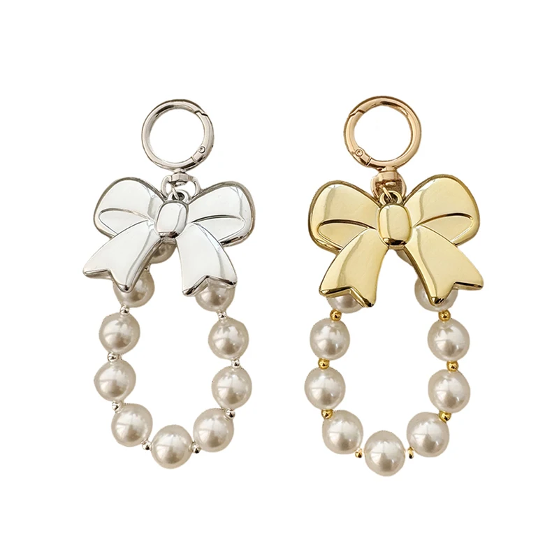 Ins Style Fashion Bowknot Pearl Beaded Key Chain Phone Pendant Headphone Case Charm Bag Decor Car Key Ring