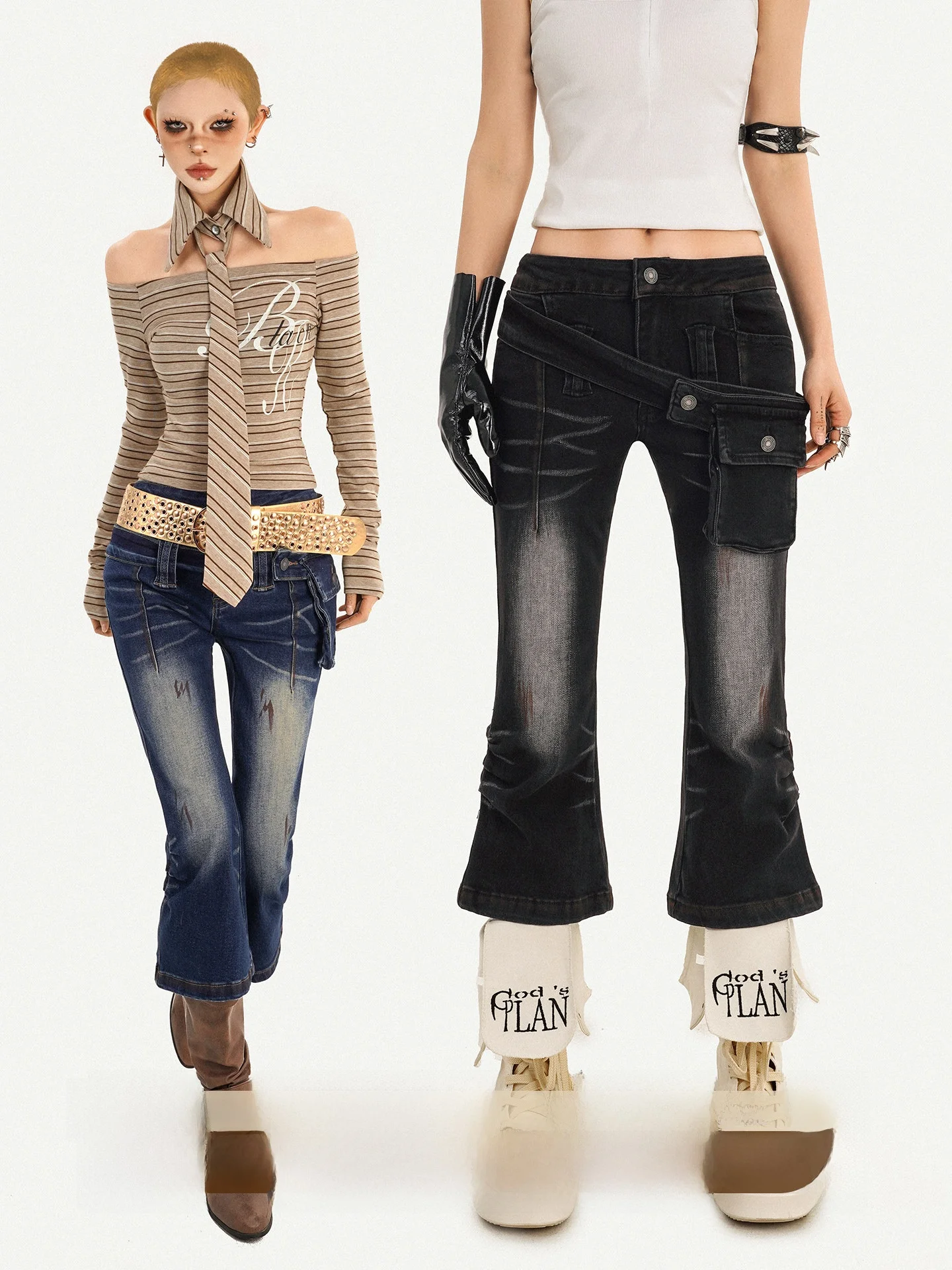 

Retro Y2K Distred Low Waist Bell Bot Jeans Women's Street Sle Spring Faion Bootcut Pants Seven Tenths Length