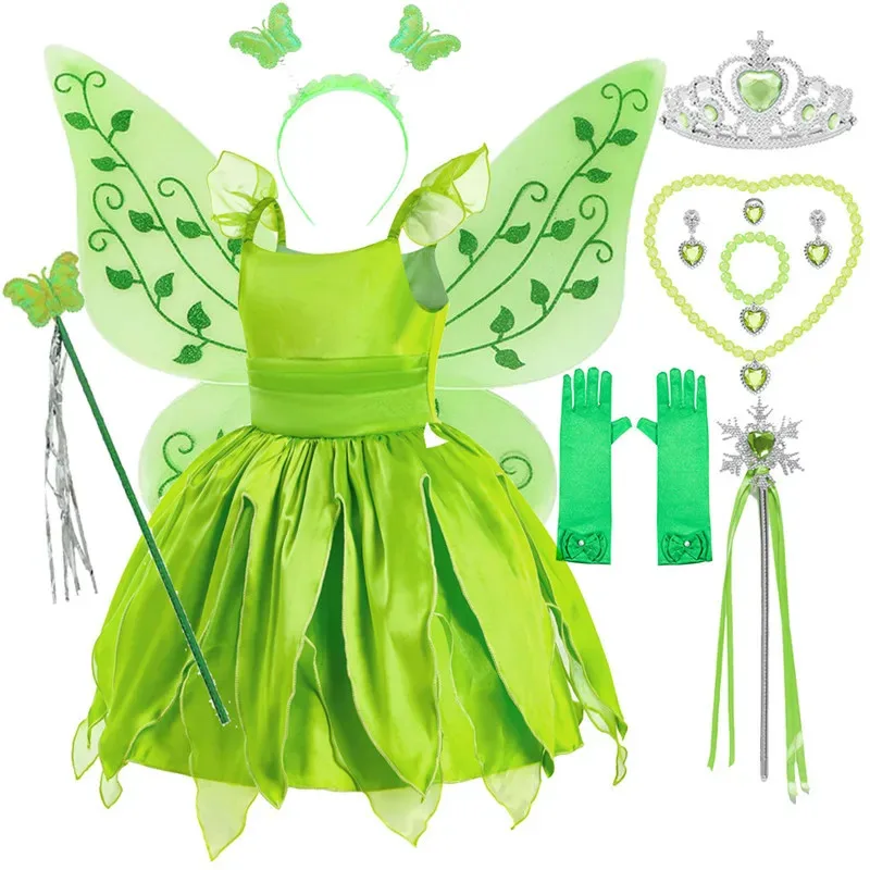 

Halloween Tinkerbell Costume For Girls Flower Fairy Cosplay Outfits Kids Carnival Green Princess Gown Children Birthday Gift
