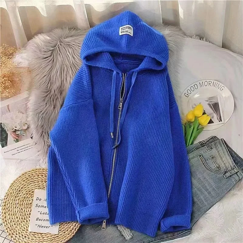 Klein Blue Hooded Pullover 2023 Autumn/Winter New and Thickened Retro Japanese Slouchy Knitted Cardigan Underlay Solid Commuter