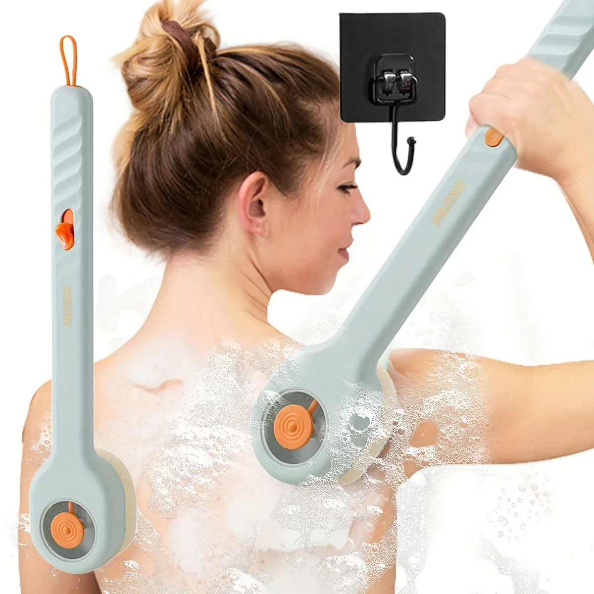 2pcs Set: 1 Bath Brush + 1 Large Black Hook. Liquid-filled Soft Bristle Bath Brush, Available in Three Colors, Equipped