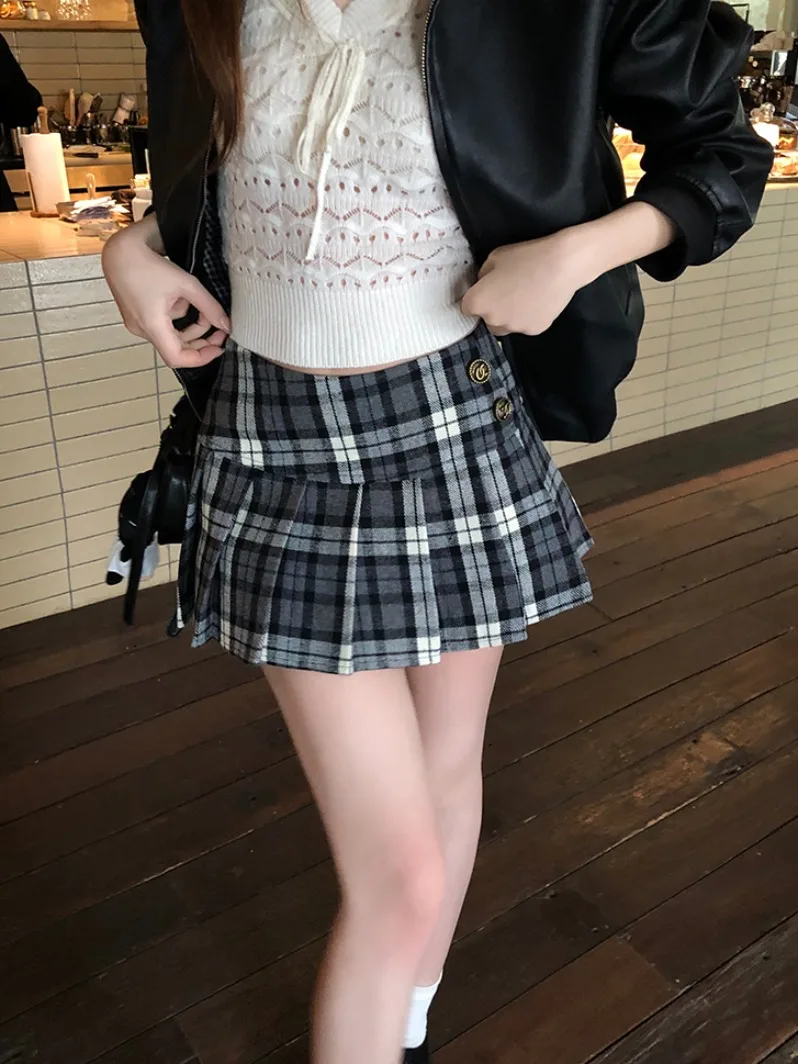 Retro Color Block Plaid Woolen  Skirt Women's Autumn Winter College Style Pleated Slim High Waist A-Line Short Skirt