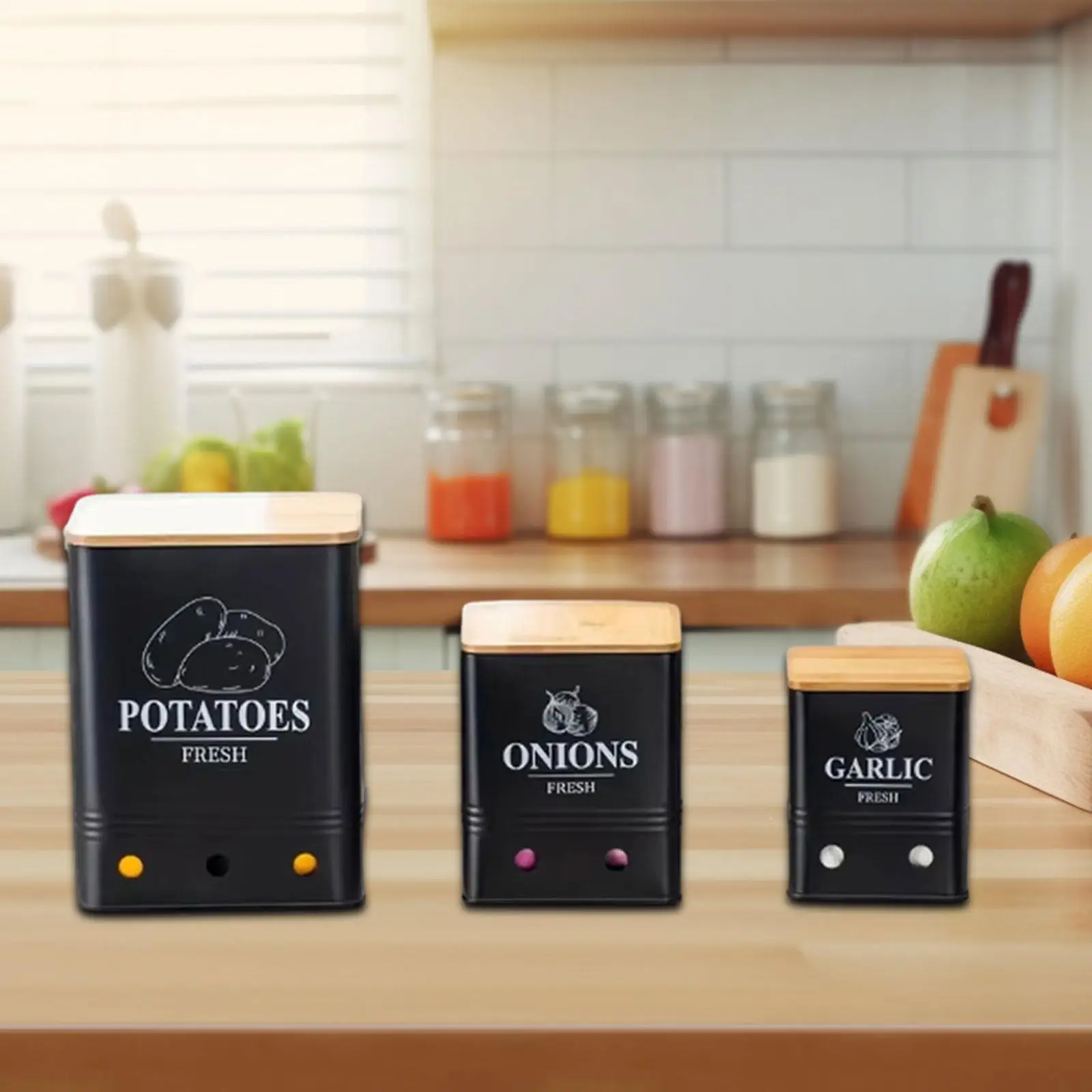 

3x Potato Onion Garlic Storage Bins with Wooden Lids Vegetable Storage Tins