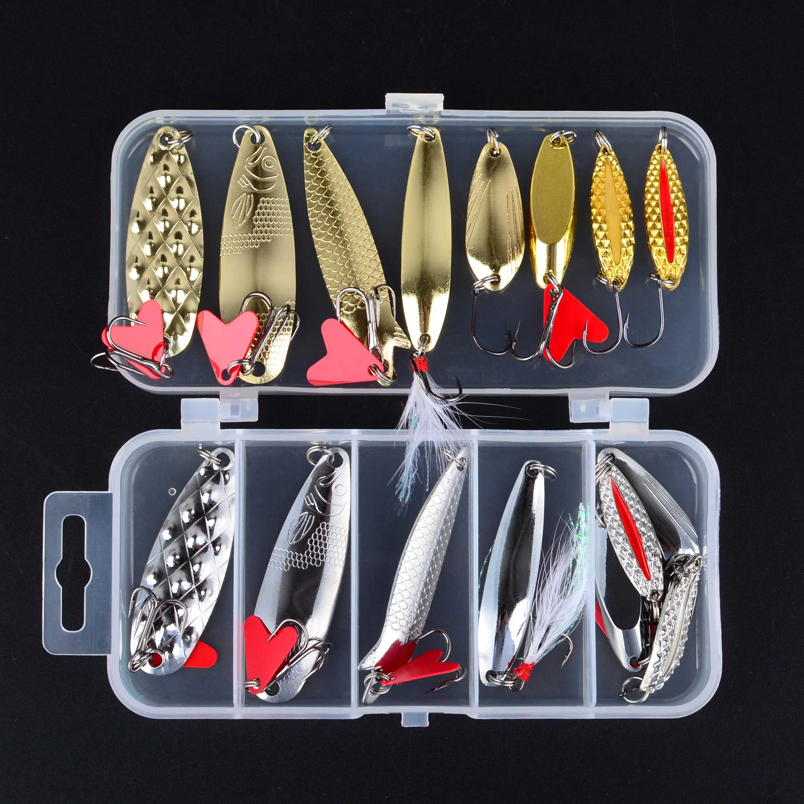16 Stück mit Box, Spinner-Angelköder, Wobbler, Crankbaits, Jig, glänzende Metall-Pailletten, Forellenlöffel mit Haken für Karpfenangeln, Pesca