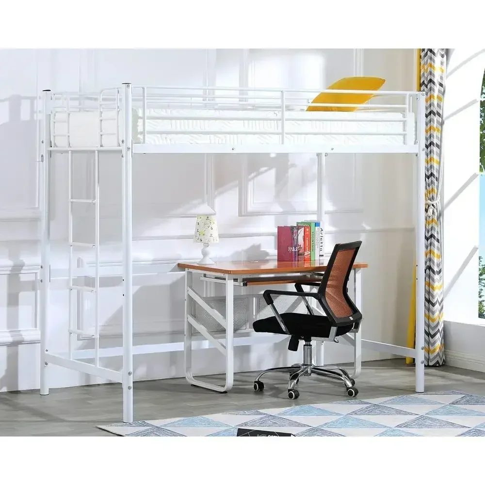 White Metal Loft Bed with Stairs and Upper Rung, Suitable for Kids, Teens, and Adults, No Box Spring Needed