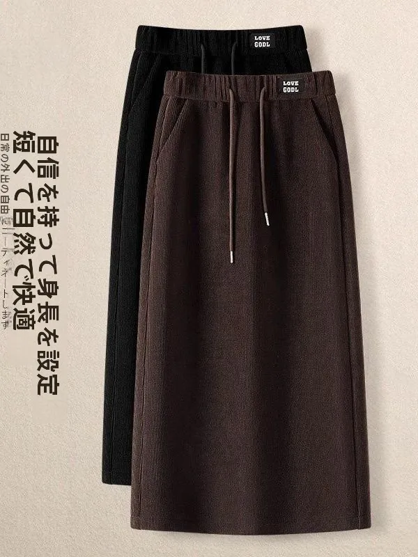 Women's Drawstring Elastic Waist Straight Cut Fleece Lined Skirt Autumn Winter High Waist A-Line Draping Bodycon Skirt