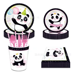 8pcs Panda Disposable Tableware Cartoon Animal Panda Paper Plate Napkins Cups Happy Panda Kids Birthday Party Decor