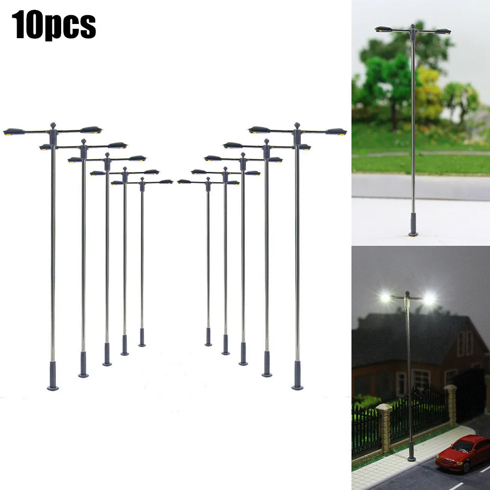 10pcs Double Whip Lamps LED 104mm H0 / 00 Street Lamp Flexible Height Railroad Decoration Building Landscape Accessories