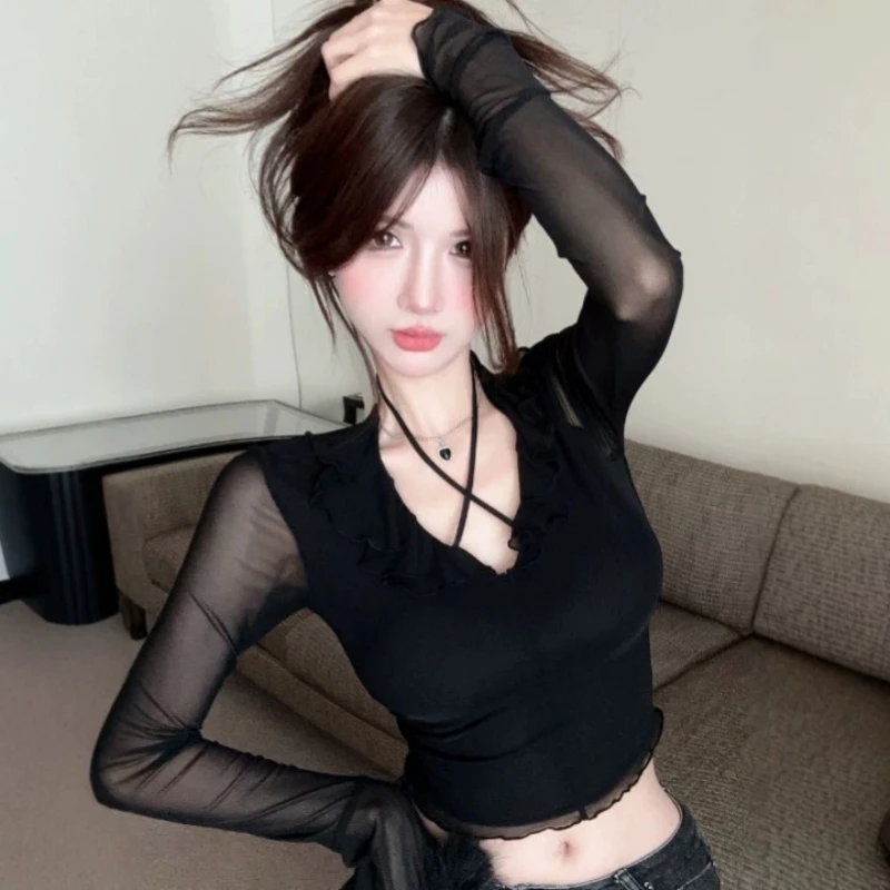2026 Autumn Winter Pure Desire Hot Girl V Neck Top Women Ruffle Flare Sleeve Sheer Mesh Lace See Through Layering Inner Blouse