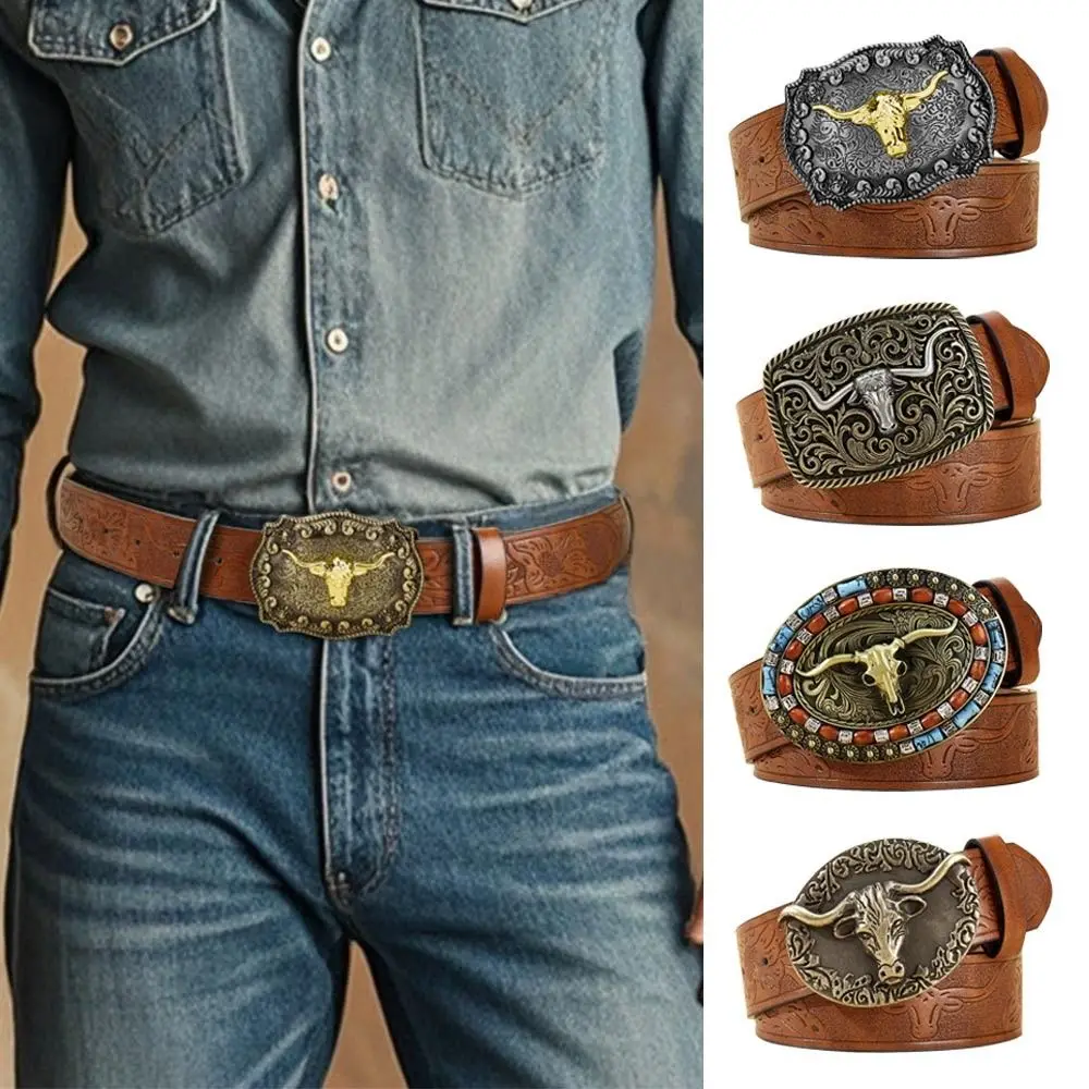 Fashion PU Leather Western Cowboy Belts Vintage Luxury Waistband Belts Floral Engraved Buckle Designer Leather Belt Pants