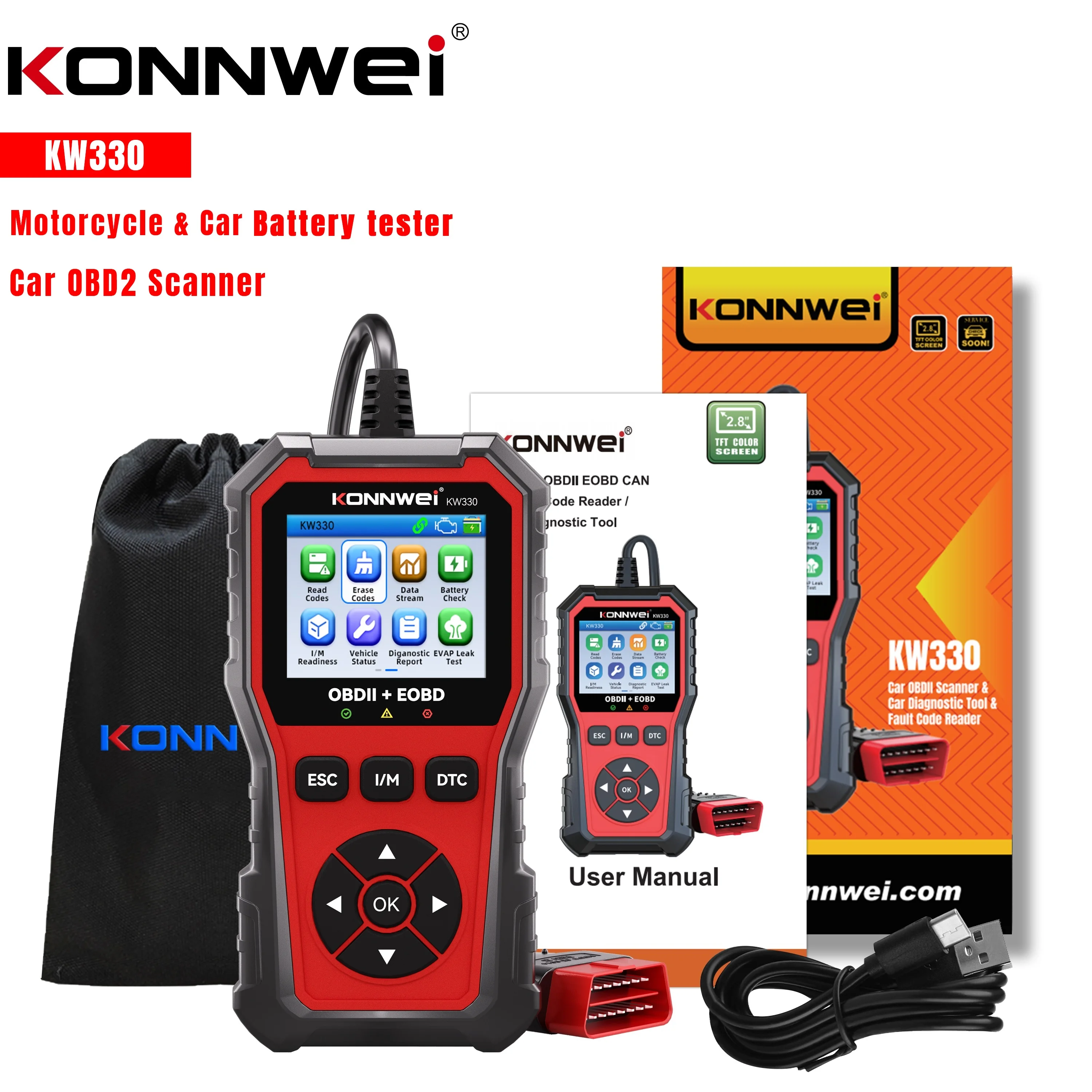 KONNWEI 2026 KW330 OBD2 Fault Code Scanner Professional Car Diagnostic Tool for Engine Battery Test Real-Time Data Inspection