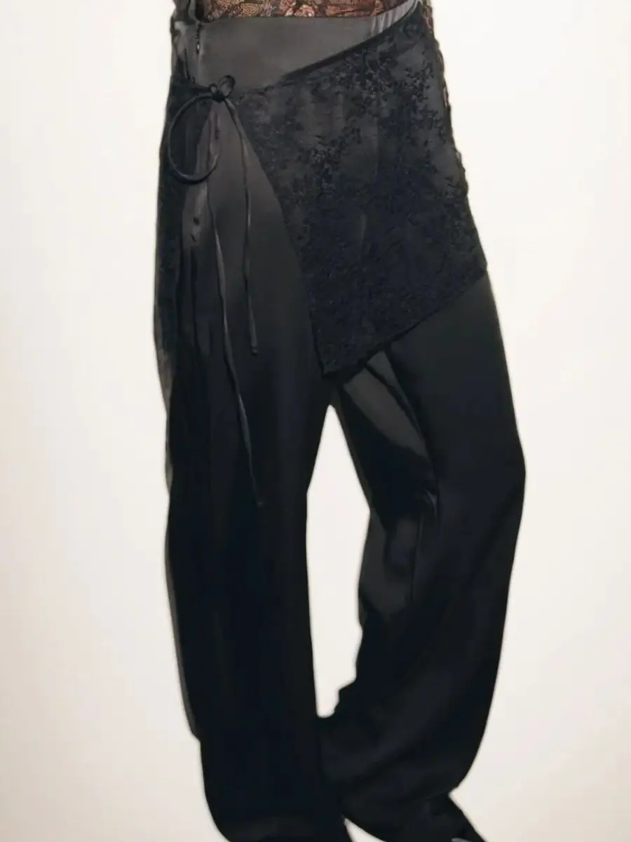 2026 New Spring Autumn Women's Elegant Black Lace Silk Satin Straight Pants Office Lady Vintage High Waist Lace-up Long Trousers