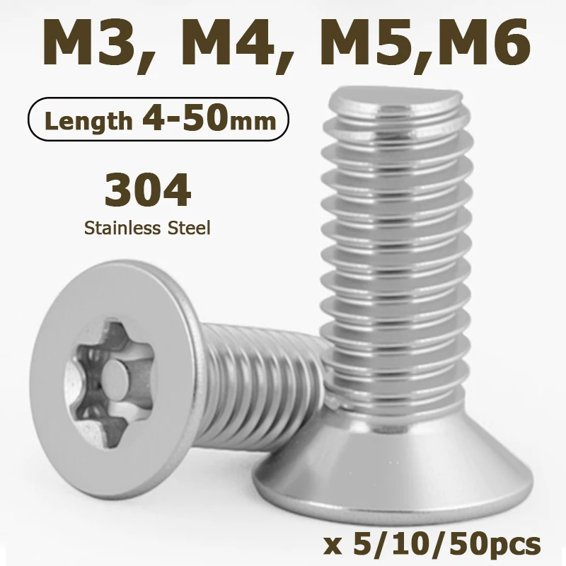 5/10/50Pc M3 M4 M5 M6 Six Lobe Torx Flat Countersunk Head with Column Pin Tamper Proof Security Bolts 304 Stainless Steel Screws
