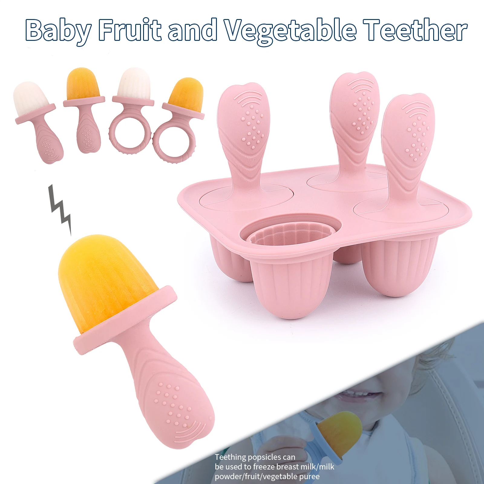 5PCS Baby Fruit and Vegetable Teether Silicone Hand Ring BPA Free Food Supplement Squeezing Rabbit Shape Bite Feeding Tableware