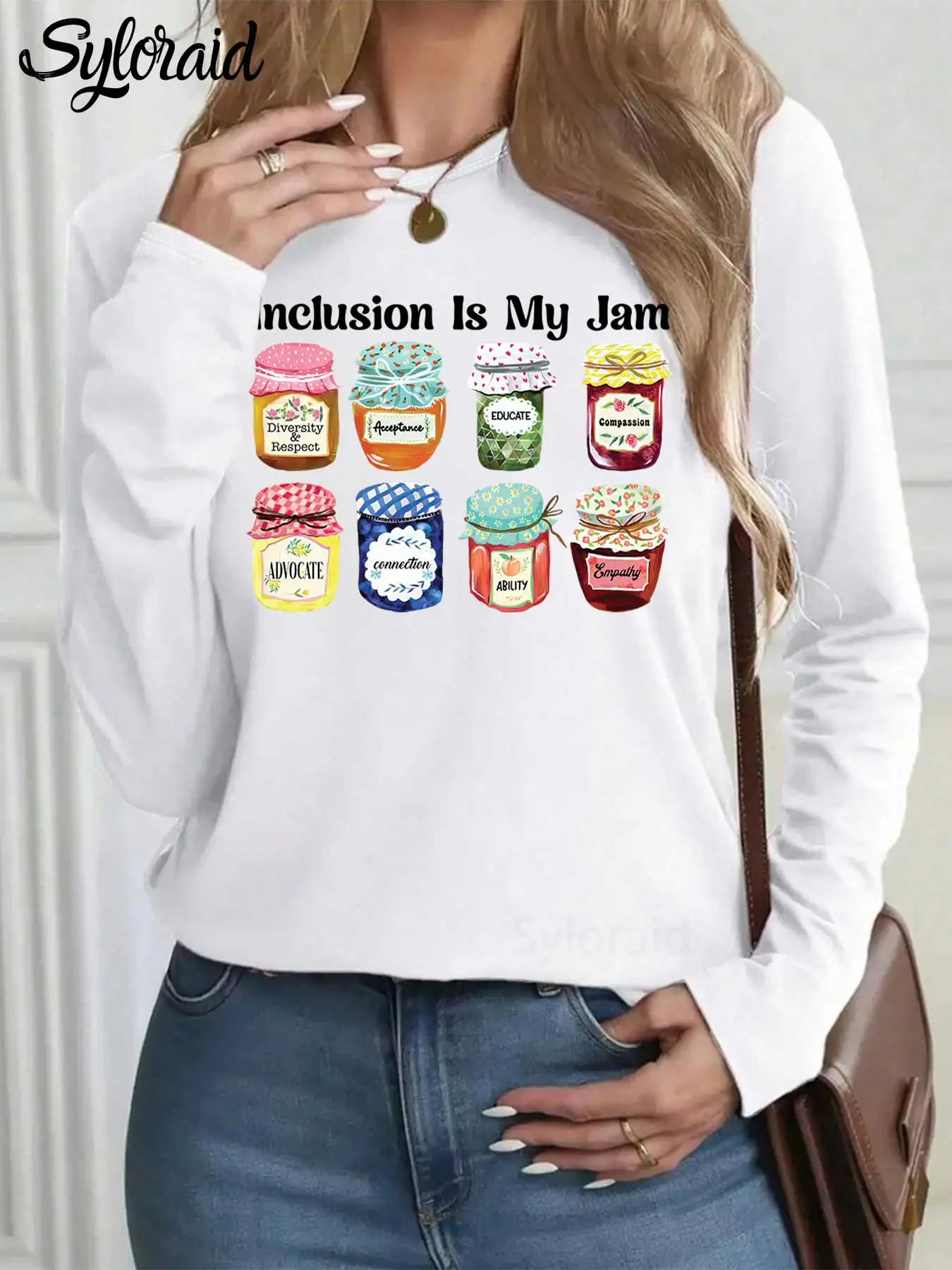 

Women's Long Sleeve T Shirt Inclusion Is My Jam T Shirt Special Education Autism Teacher Shirt Fashion Round Neck Casual Top