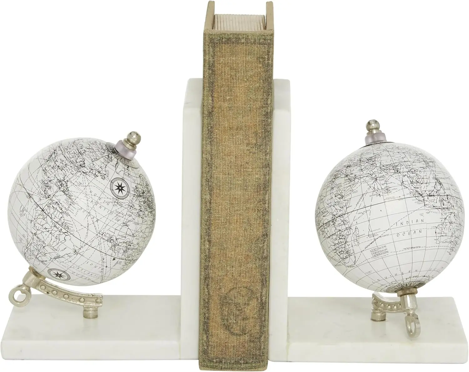 

Marble Globe Decorative Bookends Non Skid Bookends with Silver Metal Accents, Set of 2 Office Bookends5"W, 7"H, White