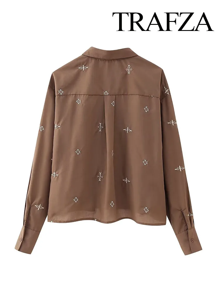 TRAFZA 2023 Fashion Women Embroidery Casual Smock Blouse Office Female Long Sleeve Lapel Buttons Shirt Chic Blusas Tops Mujer