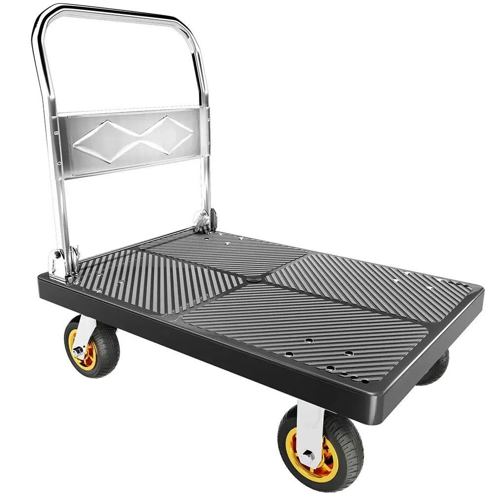 Heavy Duty 1100lb Load 900mm*600mm Size Warehouse Blue/Black Plastic Flatbed Folding Platform Trolley With Square Tube At Base