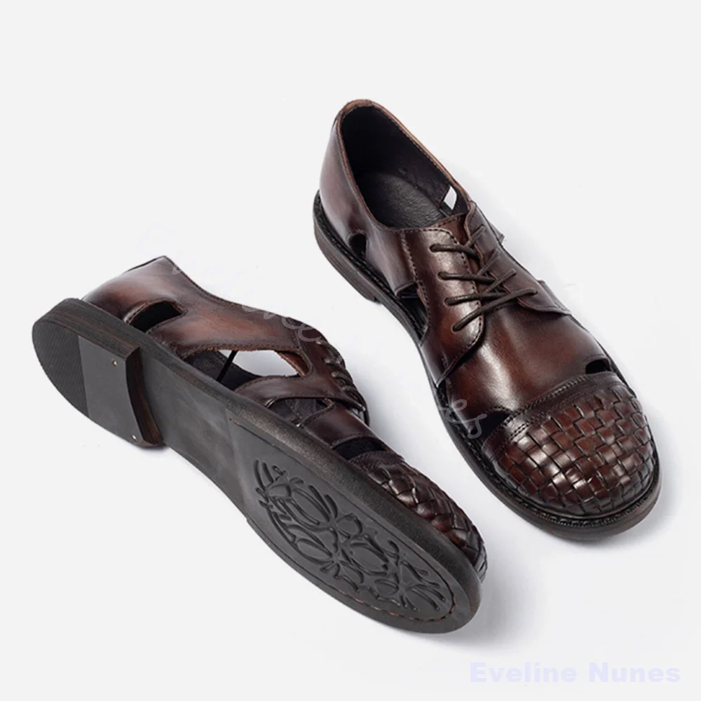 Hand-Woven Genuine Leather Hollow Sandals Men Retro Roman-Style Close Toe Lace-Up Flat Sandals 2026 Summer New Trends Sandals