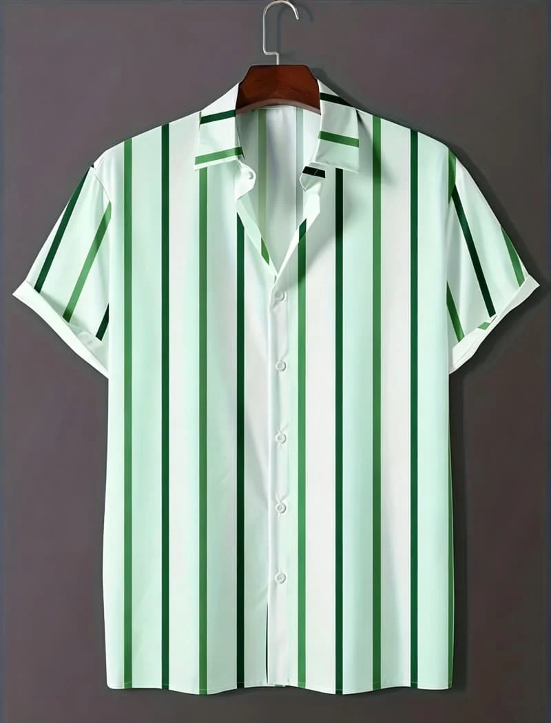 Men's Casual Short Sleeved Lapel Shirt With Vertical Stripe Print Loose Fit Is A Versatile Basic Item In The wardrobe.