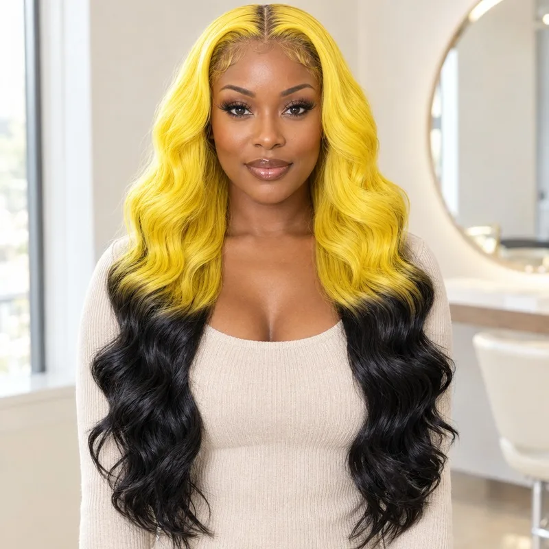 Yellow Black Body Wave Wigs Human Hair 13x4 Lace Frontal Bleached Knots Middle Part Heat Resistant Glue And Go 180 Density