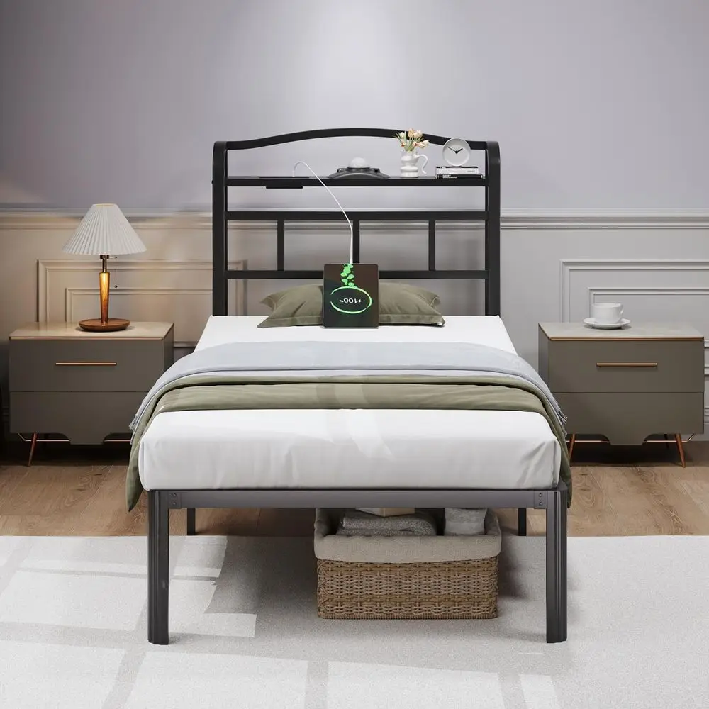 14 Metal Platform Bed Frame with Twin Storage Headboard, Charging Station & Aurora Projector, Box Spring-Free, Easy Assembly, Qu