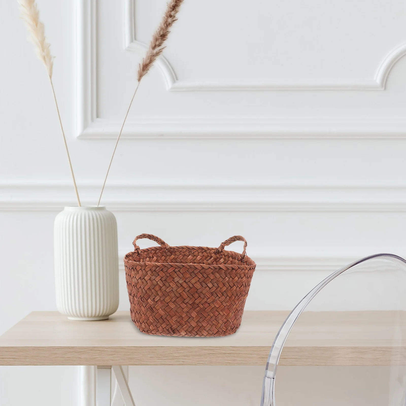 

Woven Straw Trash Bucket Household Waste Basket Desktop Trash Can Storage Organizer for Room Household Waste Basket