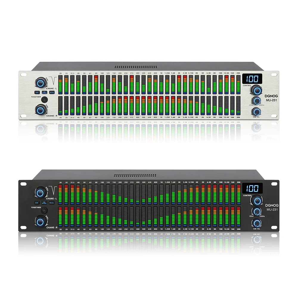 2U Dual 31 Band Graphic Audio Equalizer Digitales Karaoke Professionelles Soundsystem 3 Kanäle mit Subwoofer-Ausgang für Studio DJ